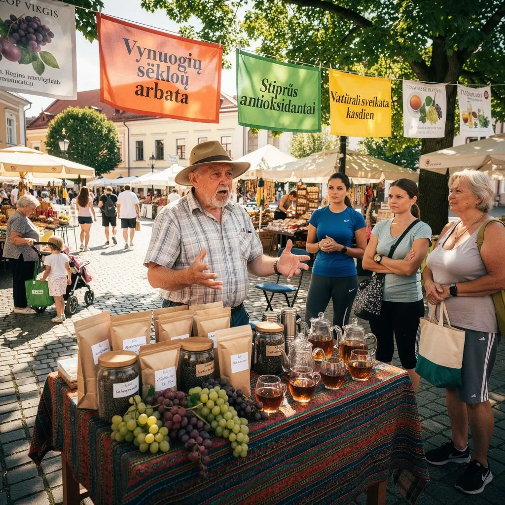 Šviežiai paruošta vynuogių sėklų ekstrahavimo arbata, rodanti natūralų antioksidantų poveikį.