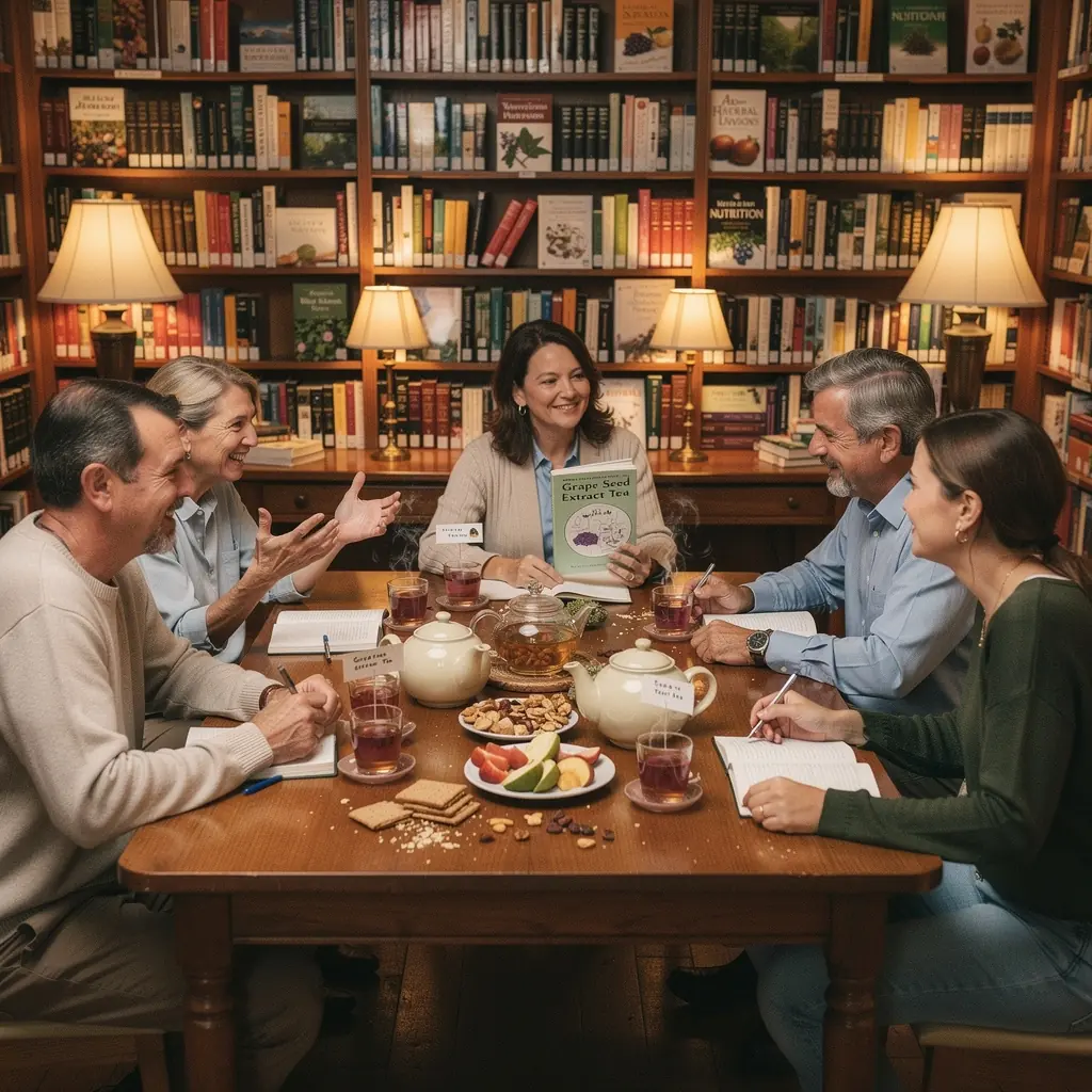 Stiklinė vynuogių sėklų ekstrakto arbatos, pabrėžianti polifenolių naudą širdies ir kraujagyslių sveikatai.