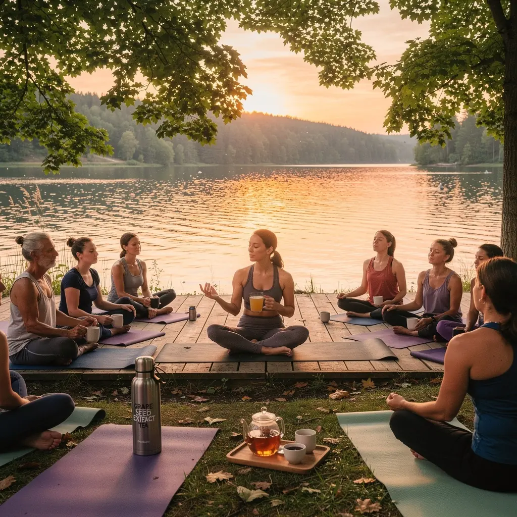 Puodelis arbatos su vynuogių sėklų ekstraktu, pristatantis sveikatingumą.